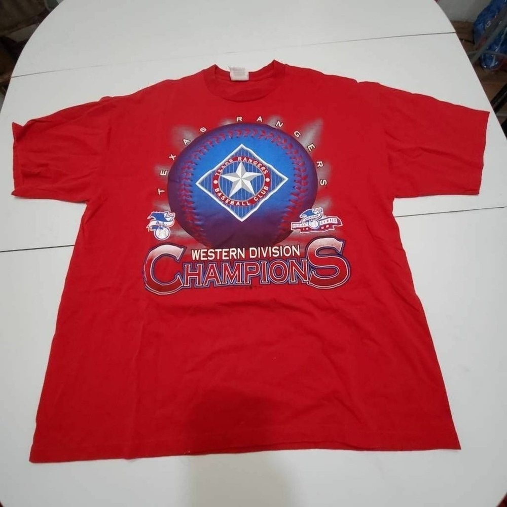 Texas Rangers Jerzees Mens Graphic T-Shirt Red Crew Western Division Champion XL